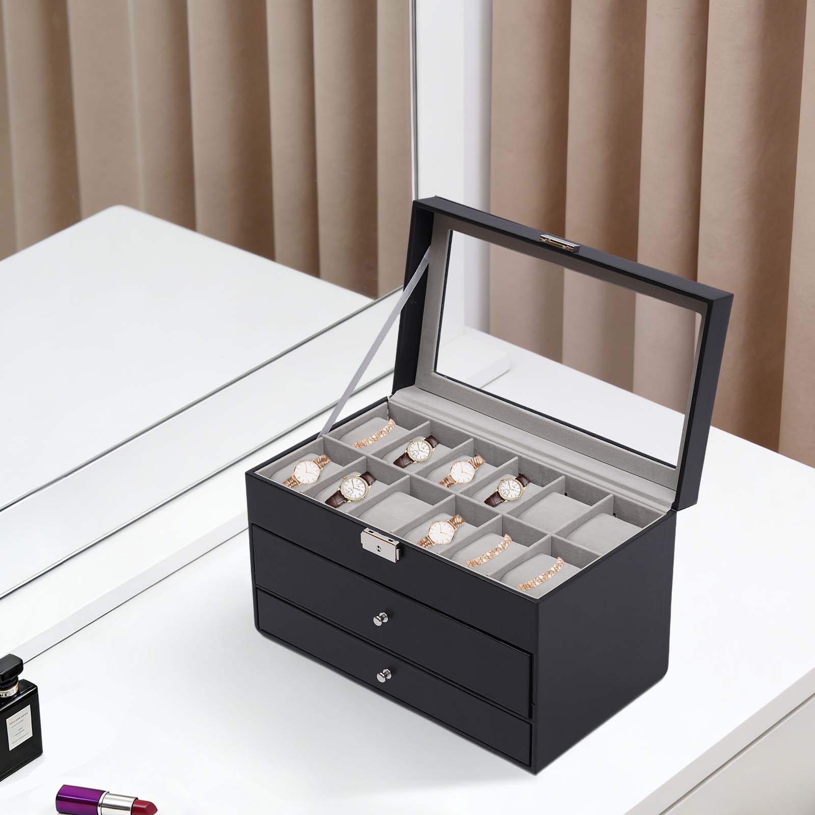 Jewelry Box Watches Bracelets - Trójpoziomowy, czarny organizer na biurko, 12
